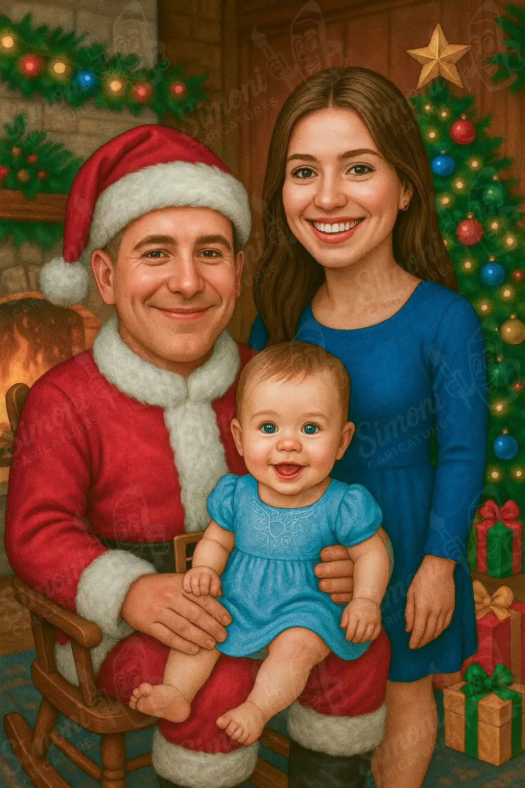 Карикатура на семейство с бебе в коледна атмосфера, тематичен портрет, персонализиран подарък, Simoni Caricatures.